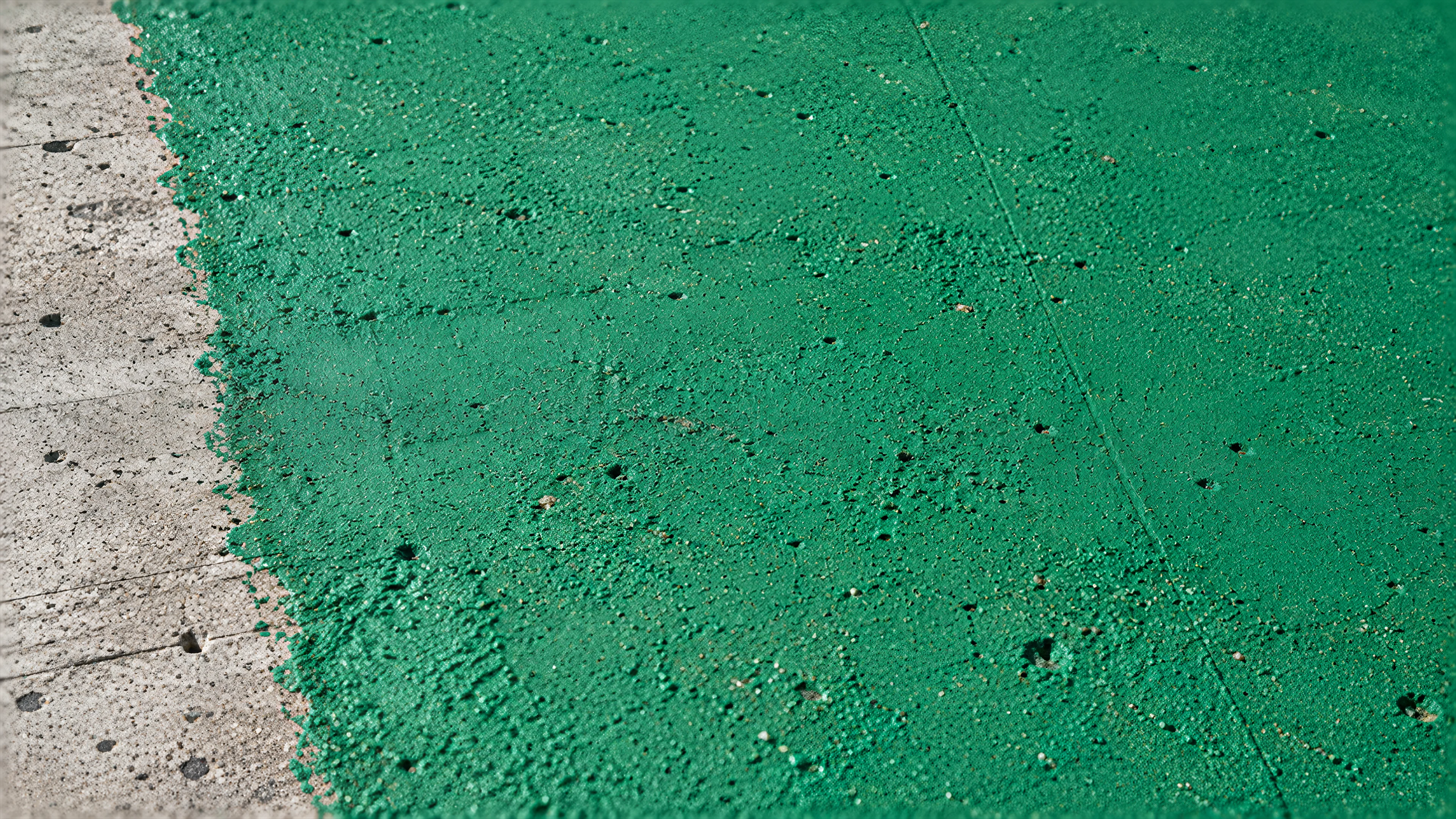 The thin green coat with its fine grit, beside smooth bare concrete