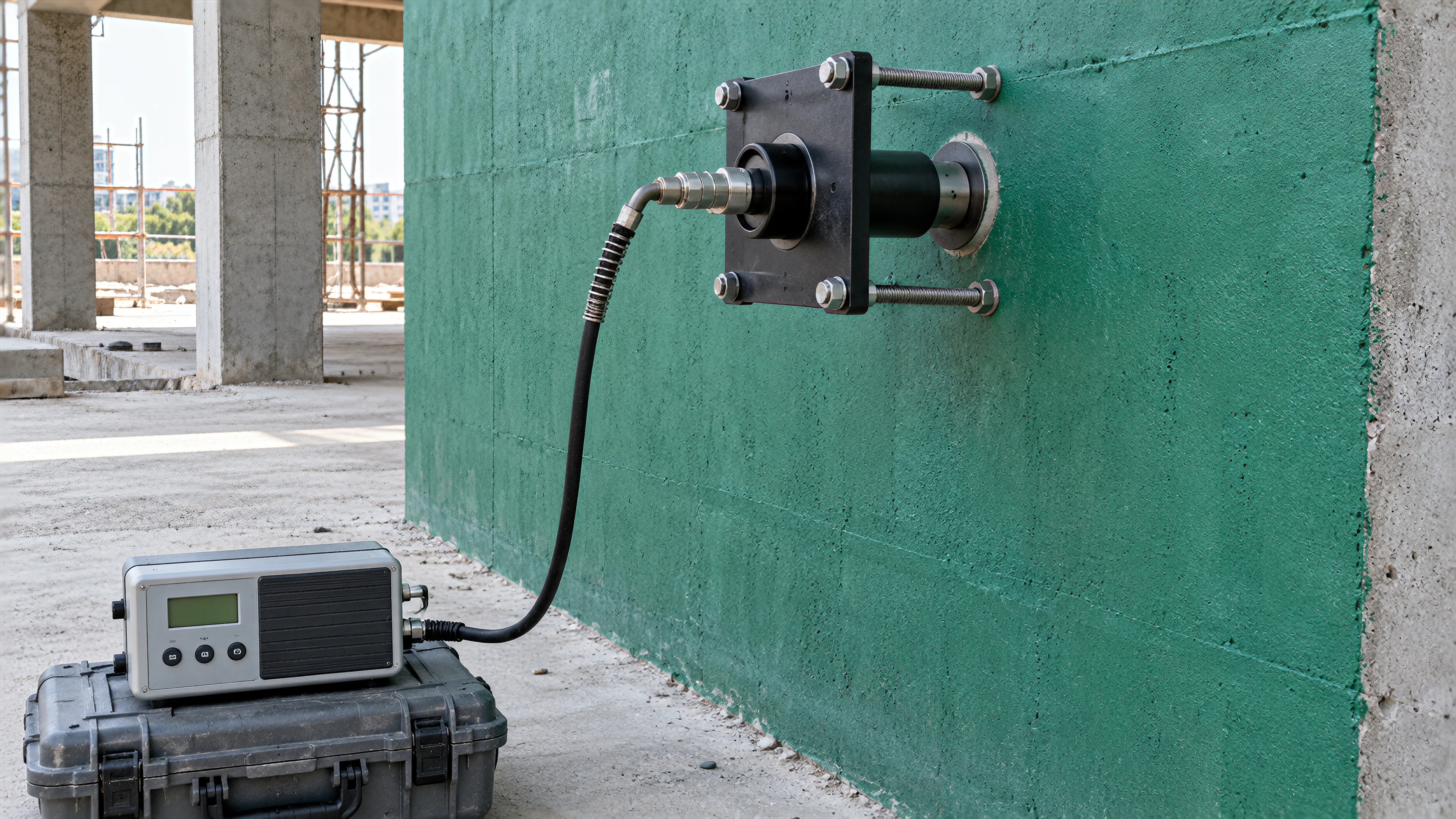 A pull-off tester on a wall coated with Gypbond Pro