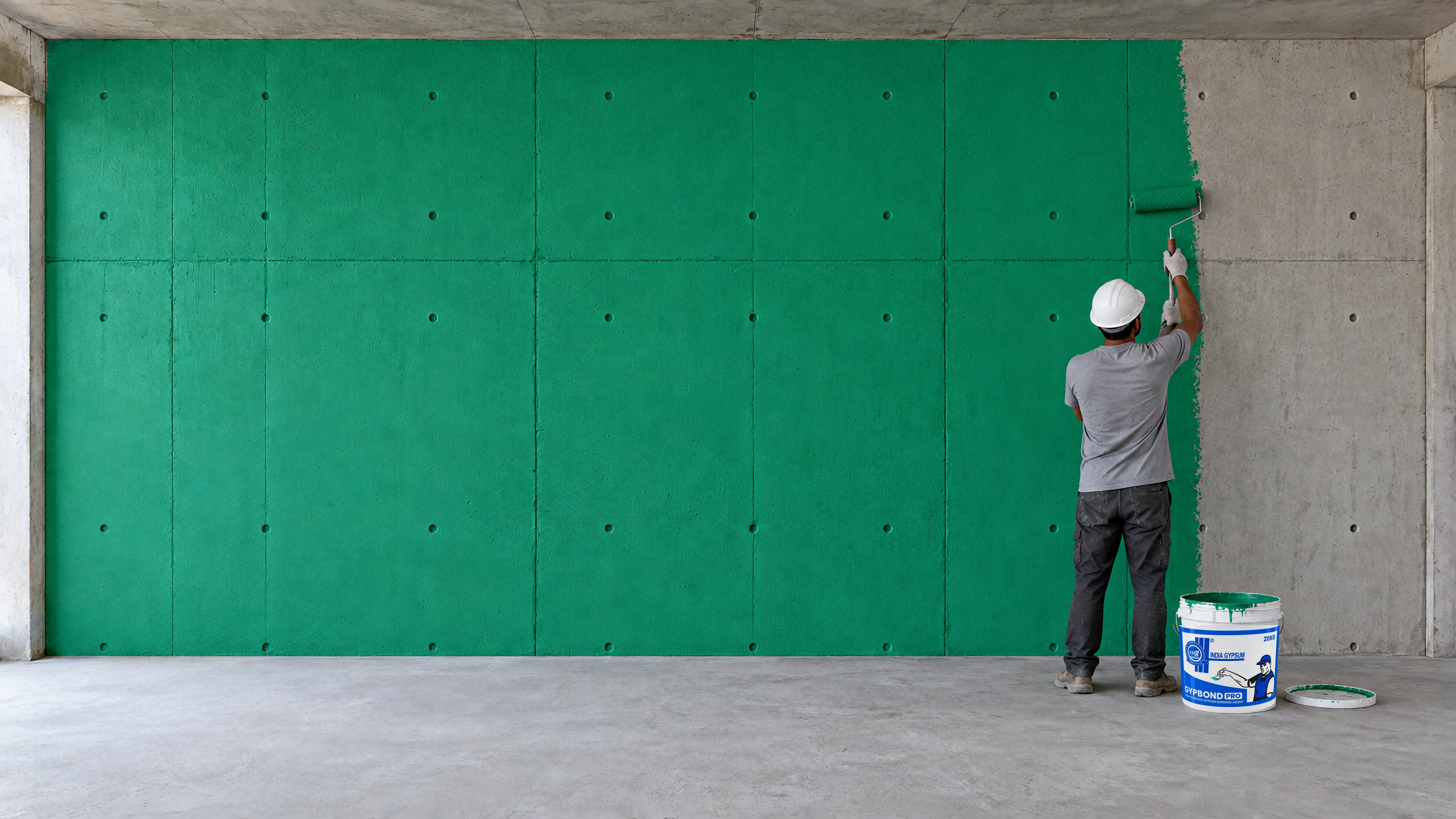 A worker rolls green Gypbond Pro onto a smooth concrete wall; the open bucket stands beside him