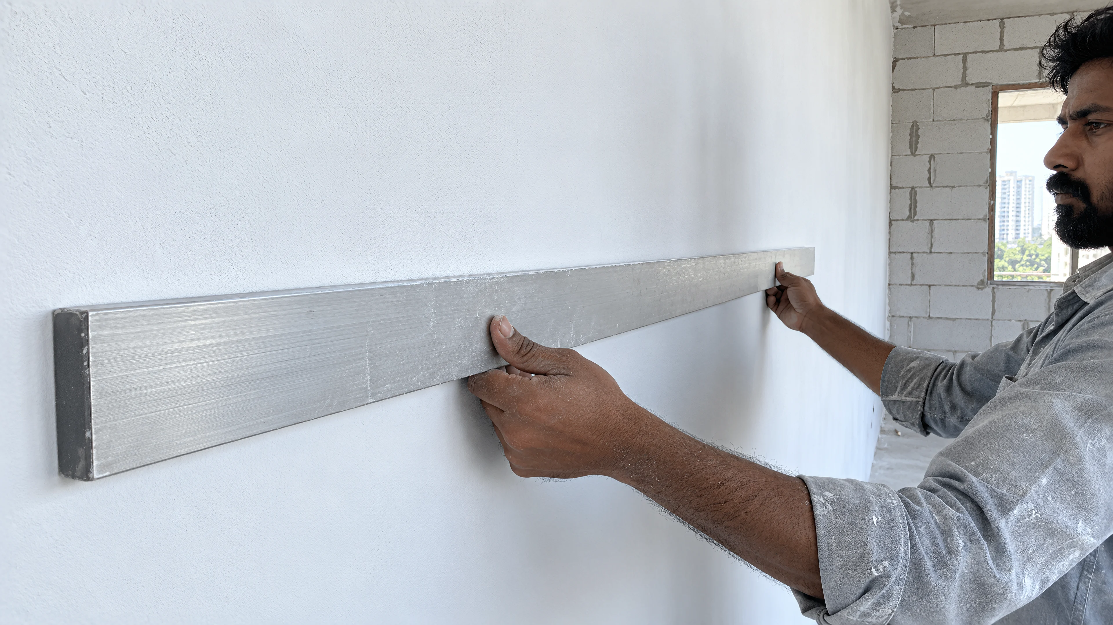 A straightedge on a plastered wall