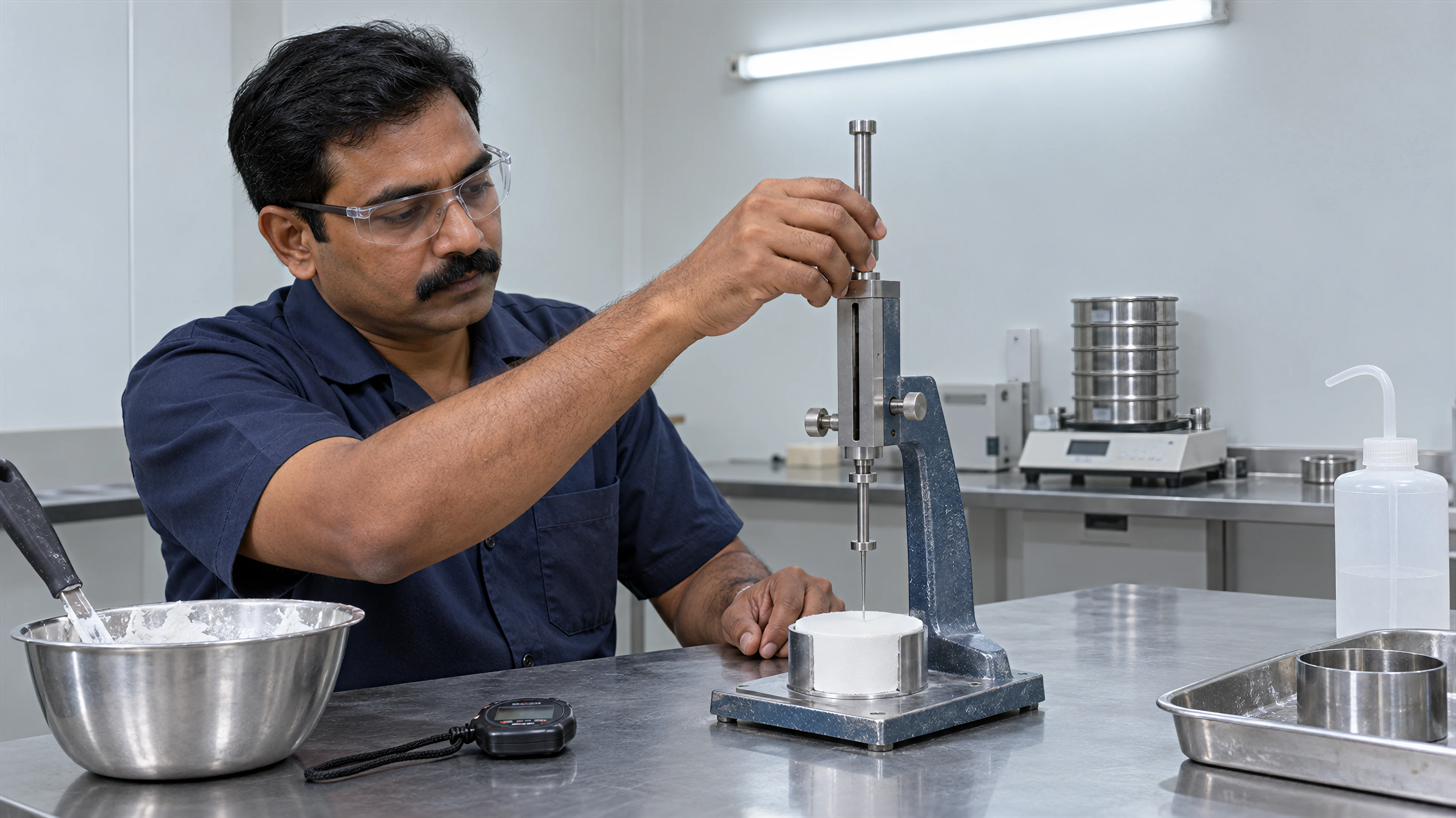 A setting-time test at the factory lab