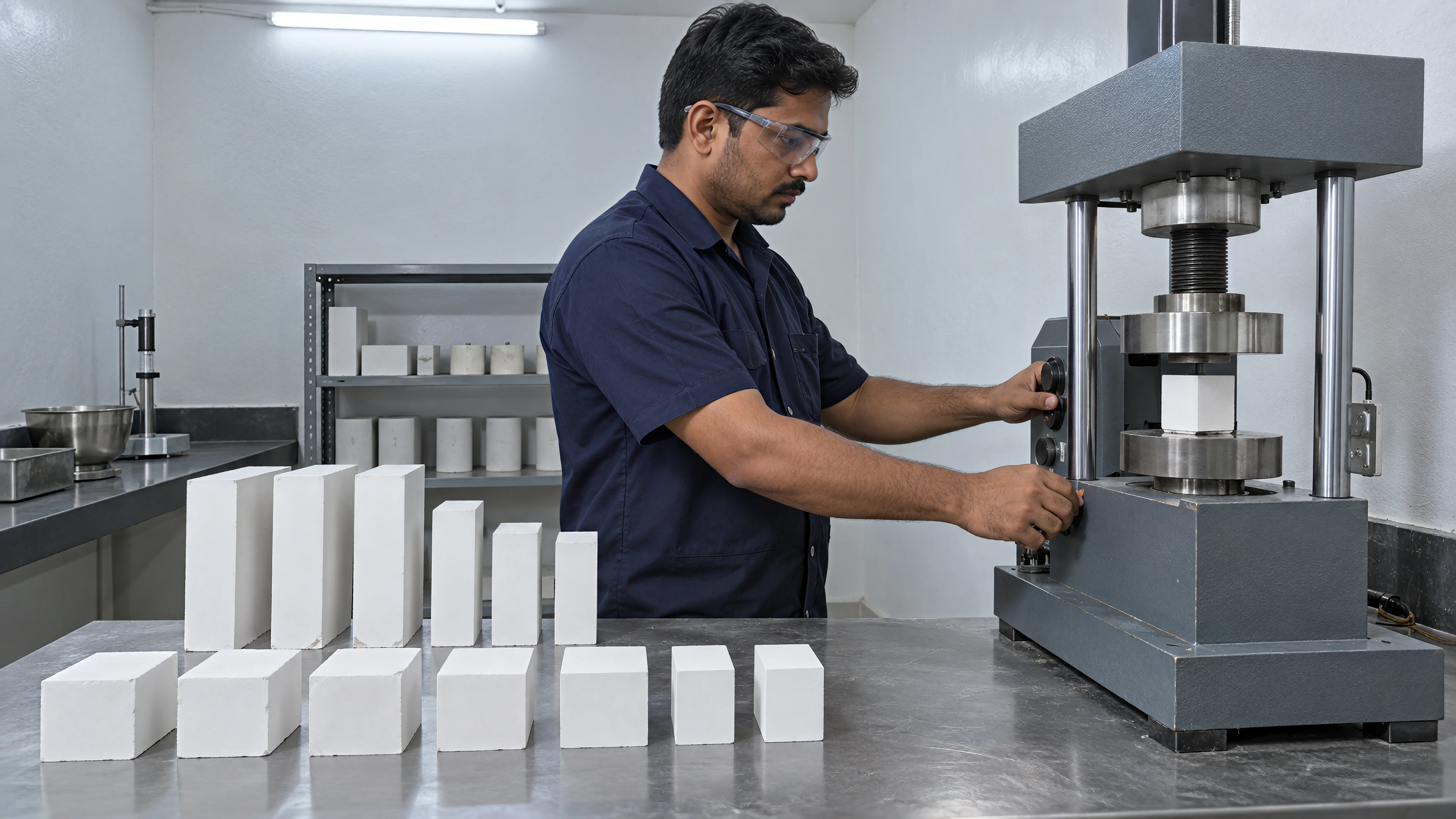 A gypsum test cube in the press at the factory lab