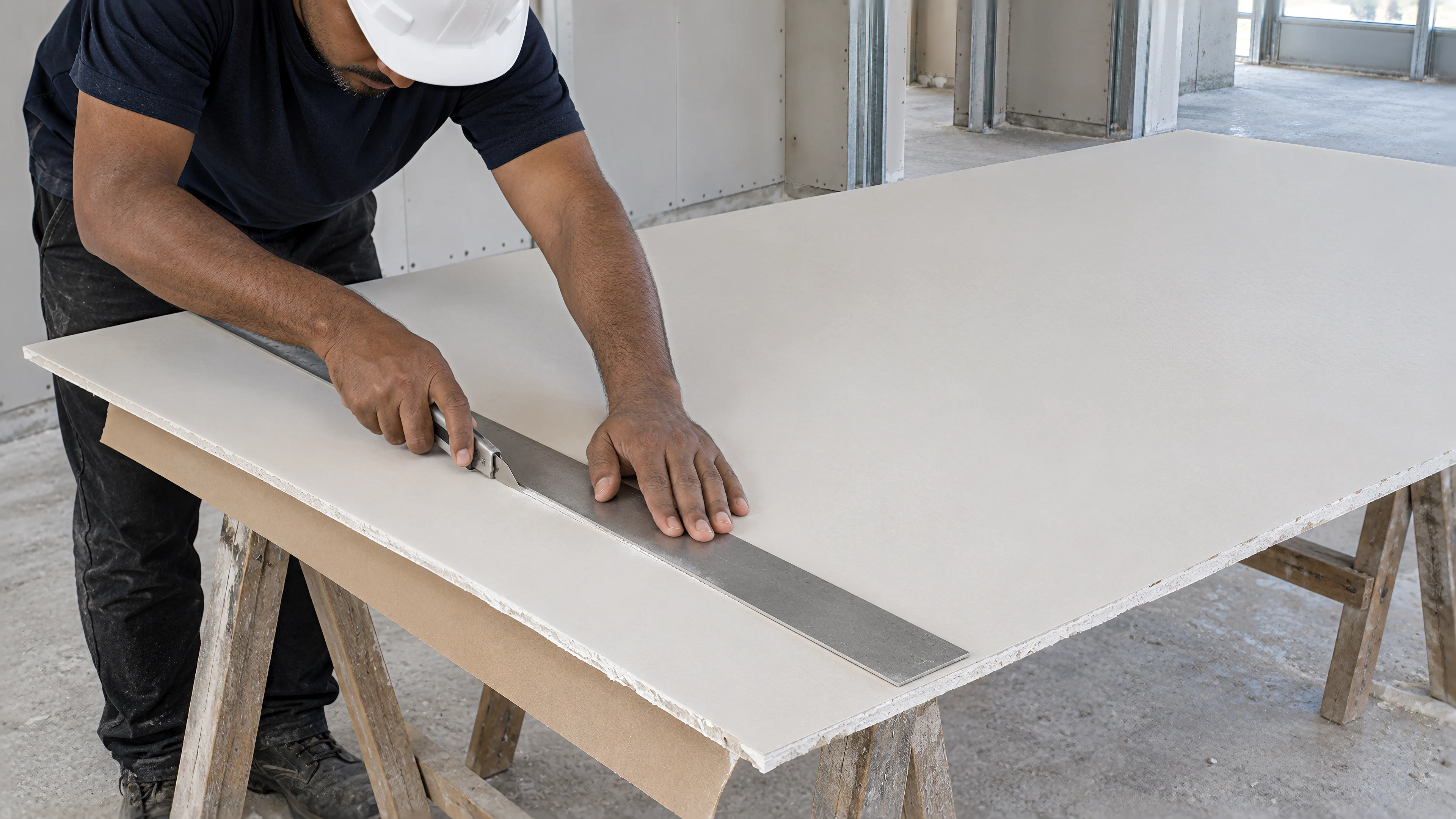A knife scores the ivory face of a Pro Max board along a straightedge