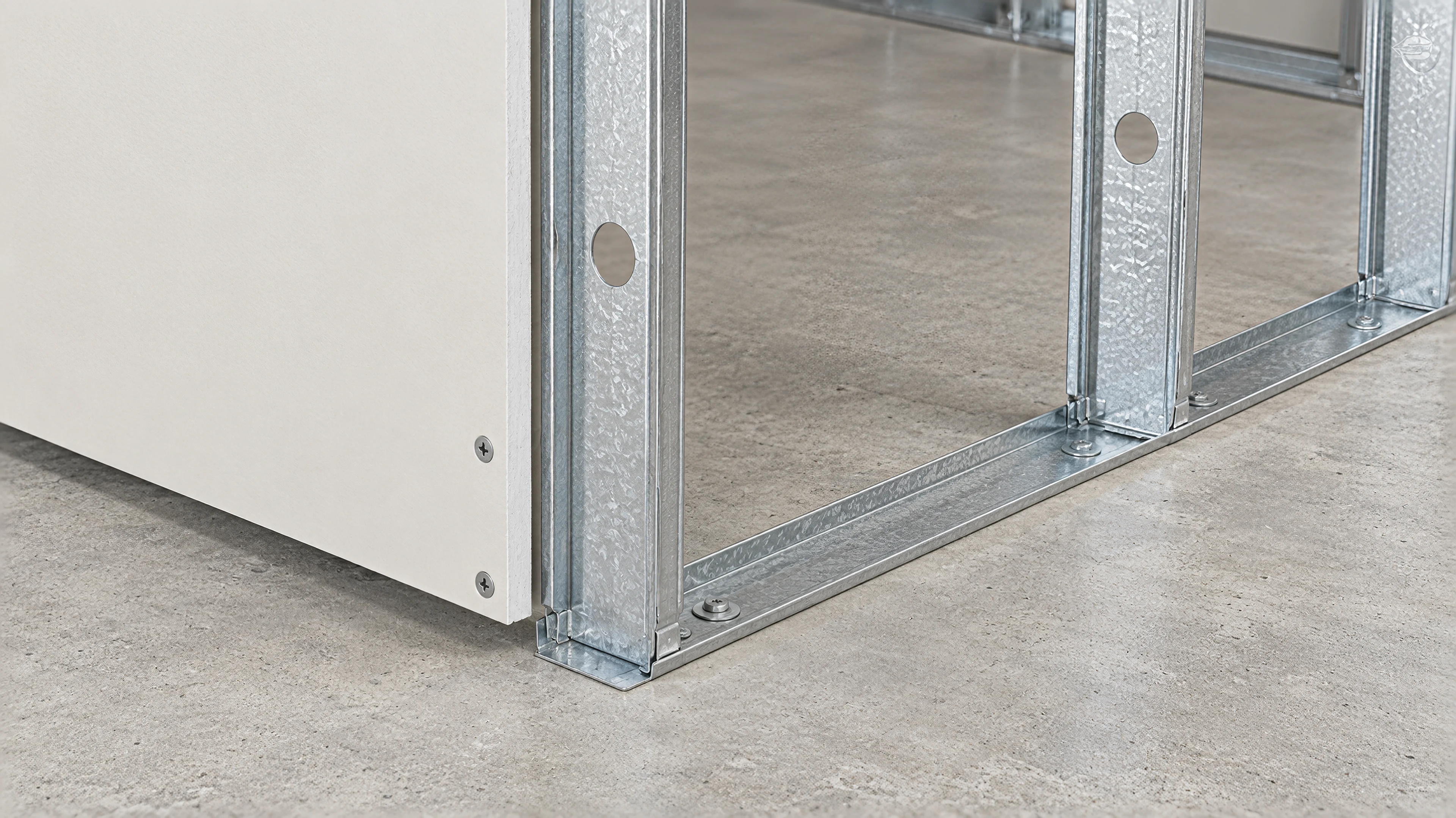 Steel studs stand in a floor channel; the first board is fixed