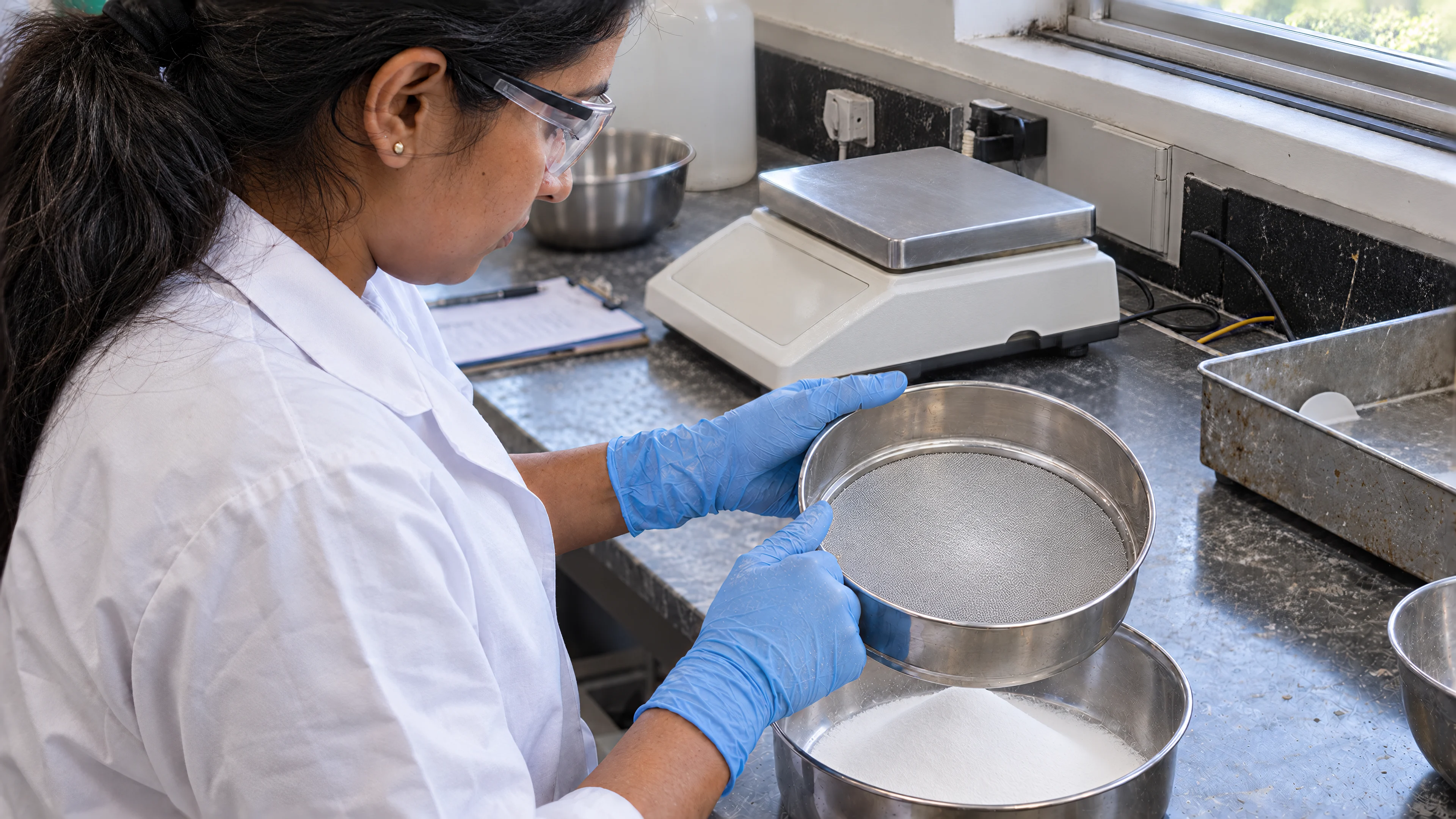 Plaster powder on a test sieve